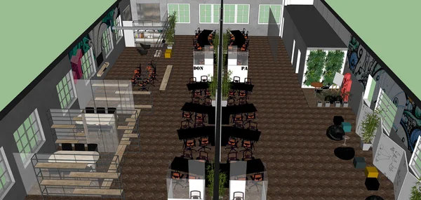 Imagem 3D do projeto de adequação para a nova casa do Seed no espaço CentoeQuatro