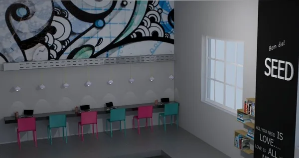 Imagem 3D do projeto de adequação para a nova casa do Seed no espaço CentoeQuatro
