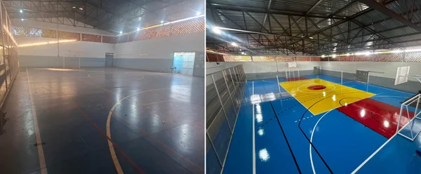 Antes e depois das reformas na quadra poliesportiva da Escola Estadual Oscar de Castro, em Pirajuba