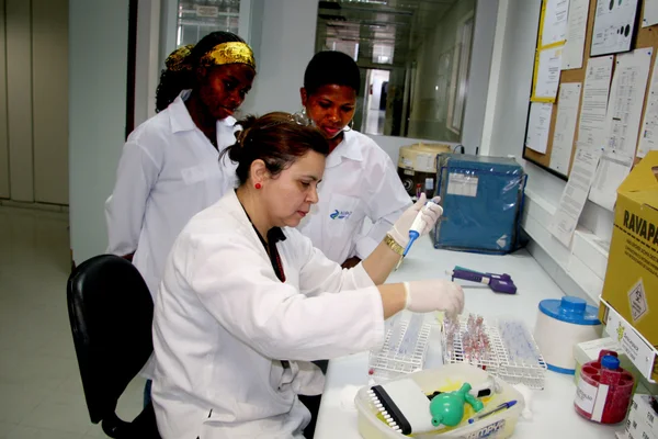 A técnica de patologia clínica Solange Aquino mostra às profissionais de Benin os métodos utilizados no laboratório de hematologia da Hemominas.