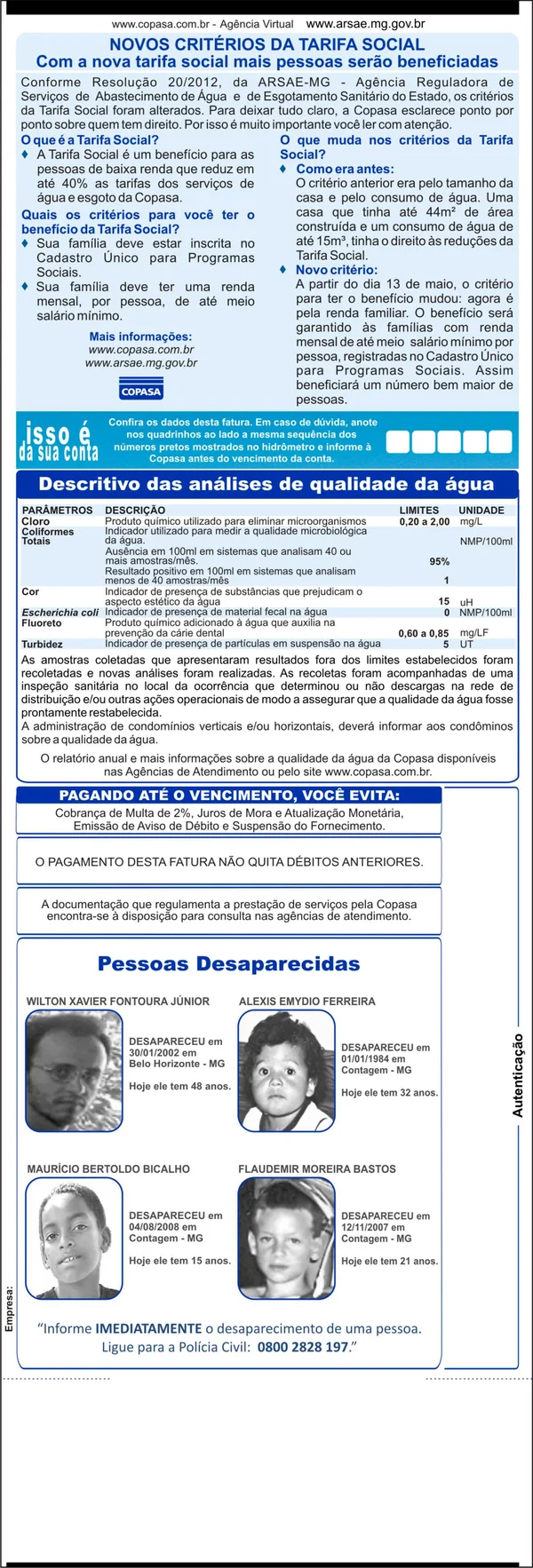 Fotos dos desaparecidos vêm impressas nas contas de água