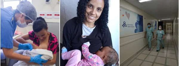 Edna com Esther no início da amamentação e hoje, na Maternidade Odete Valadares (MOV), em Belo Horizonte