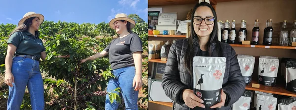 Assistência técnica da Emater-MG à cafeicultora Silmara Emerick (à esq.) e a produtora Luiza Lacerda (à dir.)