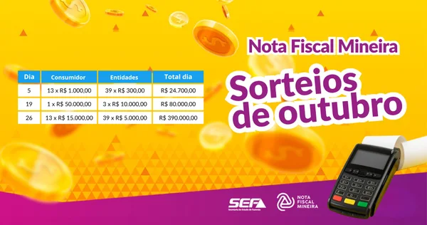 Nota Fiscal Mineira anuncia mais de R$ 494 mil para sorteios no mês de outubro