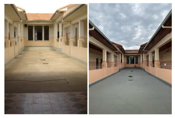 Pátio central da Escola Estadual Doutor João Nogueira de Almeida, antes e depois da reforma