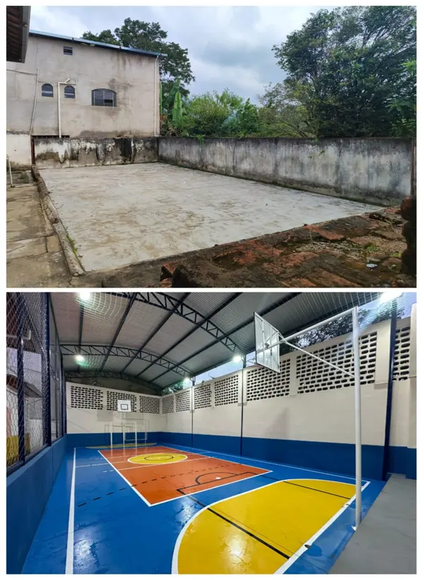Quadra da Escola Estadual Doutor João Nogueira de Almeida, antes e depois da reforma